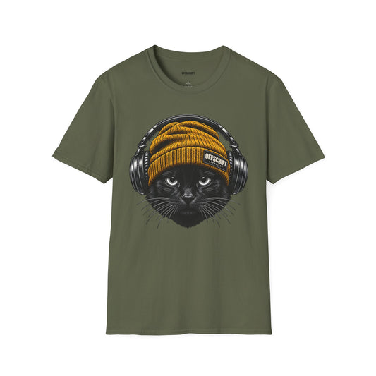 Cat Headphones T-Shirt — Cool Black Cat with Beanie & Headphones Graphic