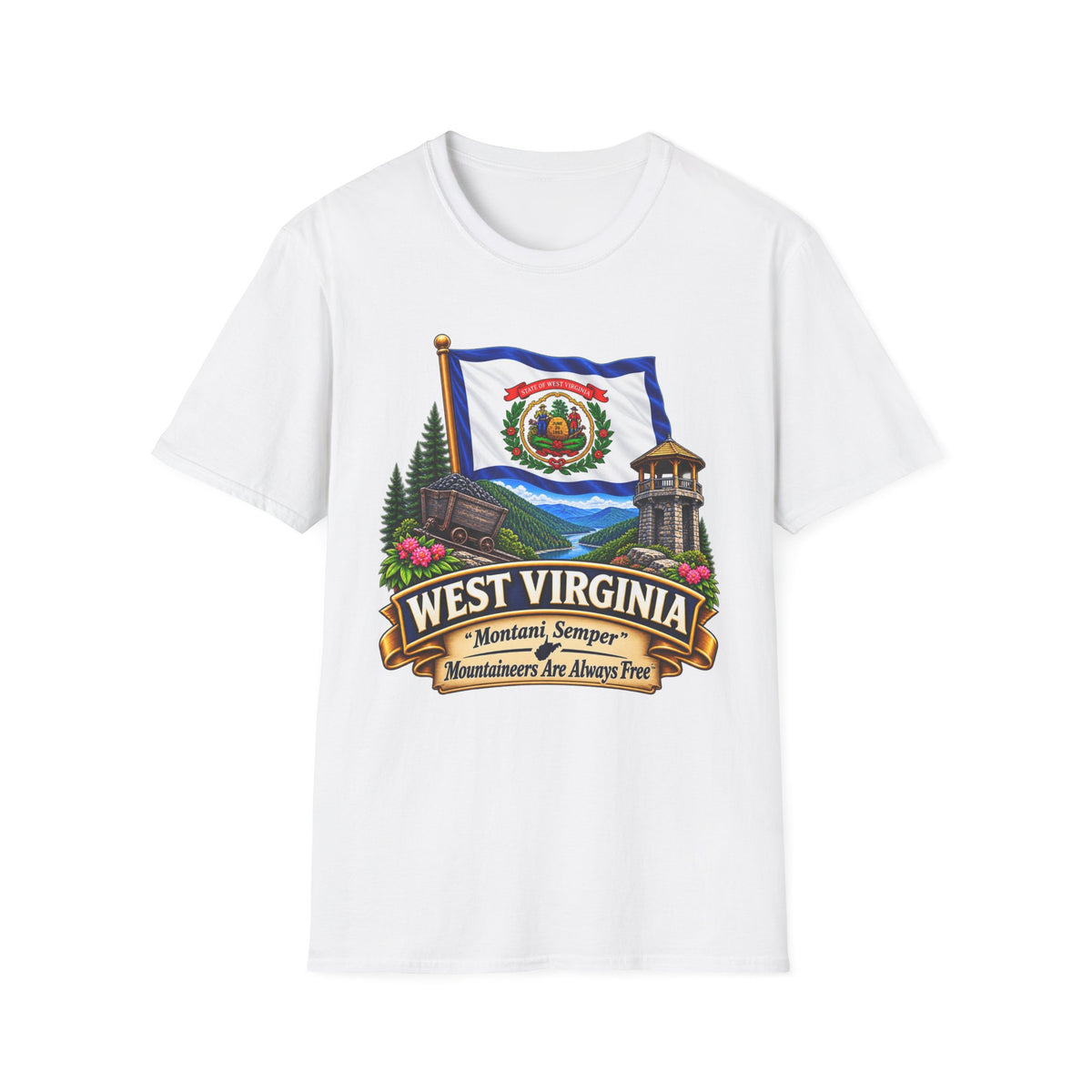 West Virginia Flag T-Shirt — State Pride Scenic Design ("Mountaineers Are Always Free")
