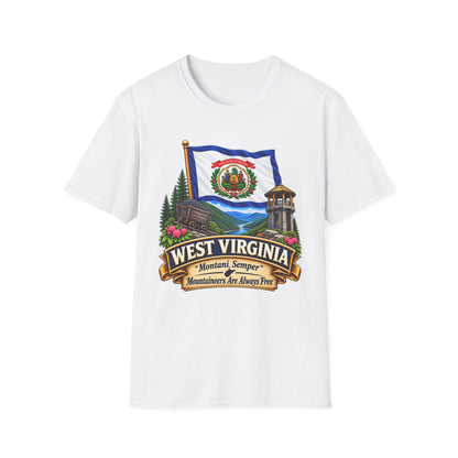 West Virginia Flag T-Shirt — State Pride Scenic Design ("Mountaineers Are Always Free")