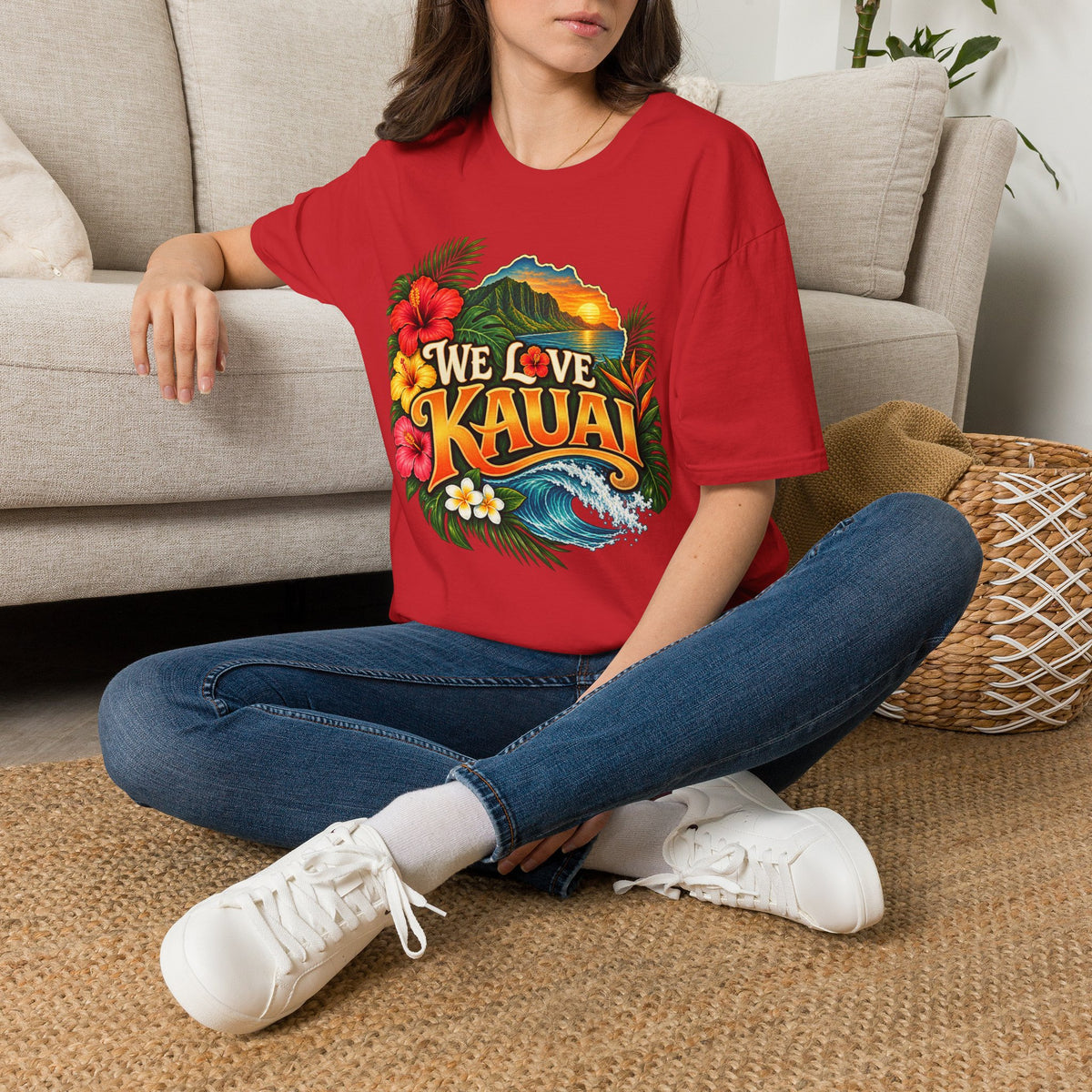 We Love Kauai T-Shirt — Hawaiian Island Sunset Floral Tee