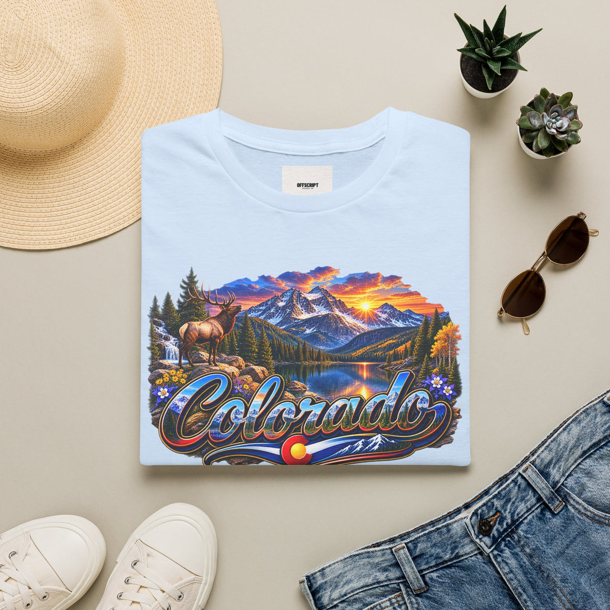 Colorado Scenic T‑Shirt — Mountain Sunset Landscape with Elk and State Script