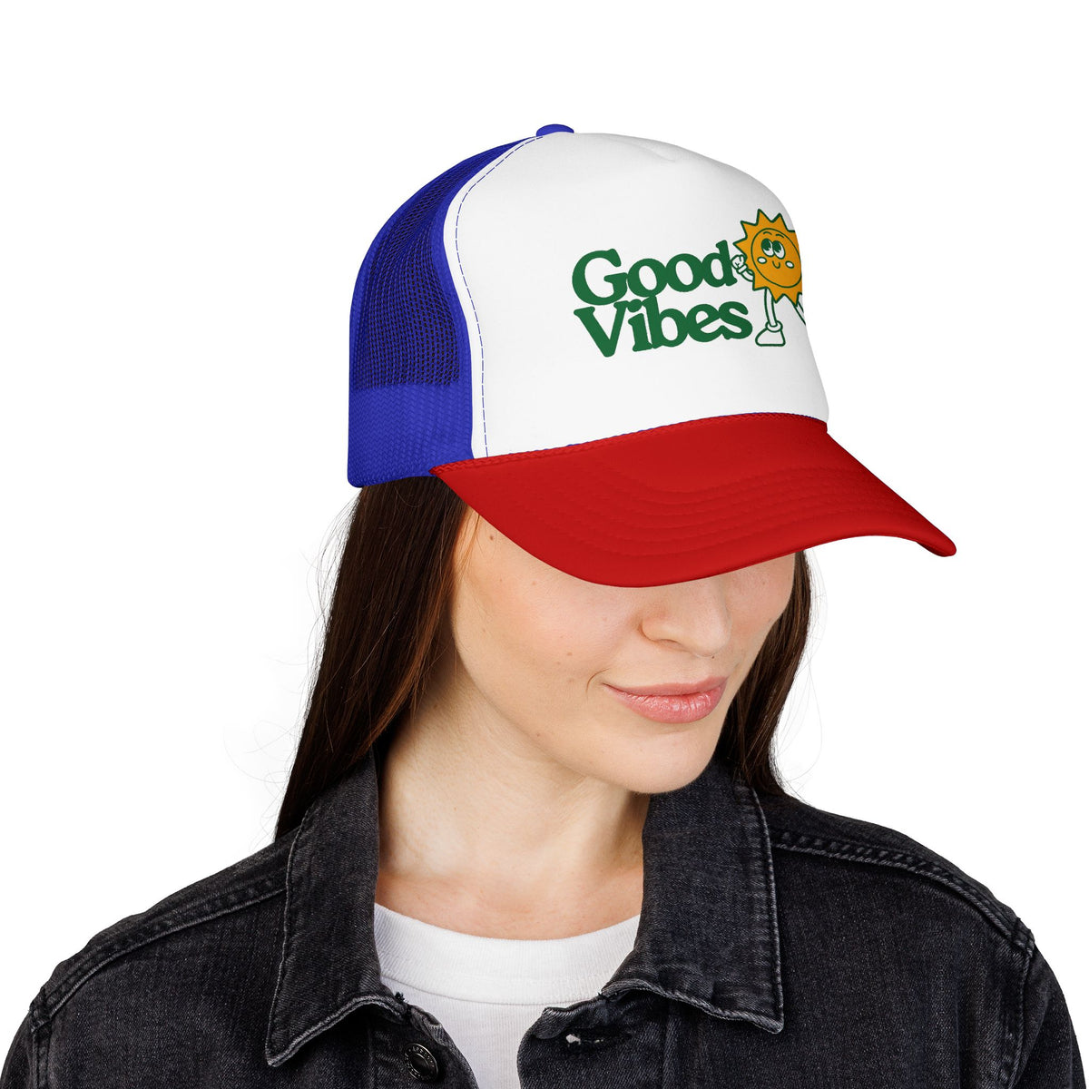 Good Vibes Sun Trucker Hat — Retro Sunny Graphic Foam Cap