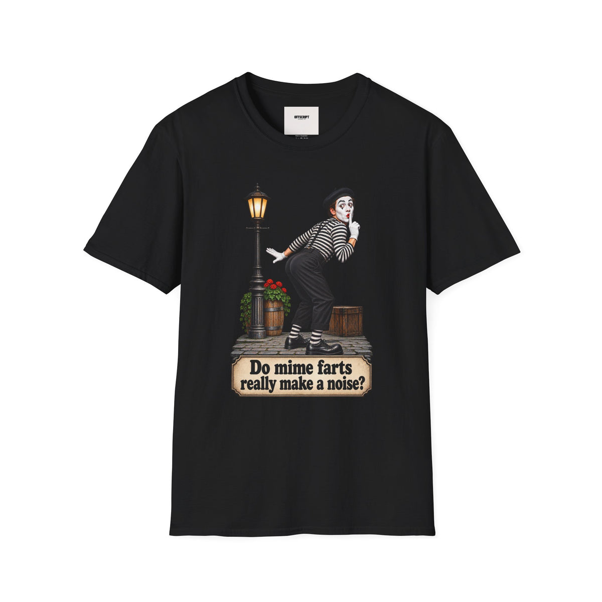 Mime Graphic T-Shirt — "Do Mime Farts Really Make a Noise?" Vintage Street Performer Tee