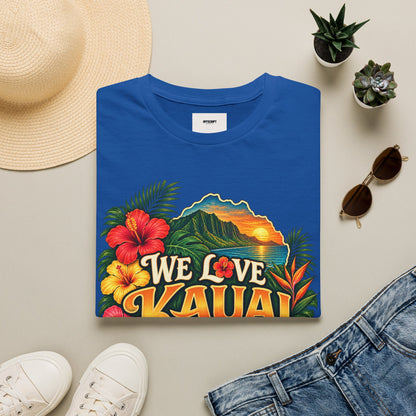 We Love Kauai T-Shirt — Hawaiian Island Sunset Floral Tee