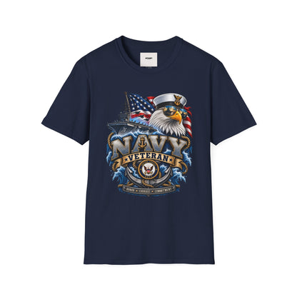 Navy Veteran Eagle T‑Shirt – Patriotic American Flag & Battleship Design