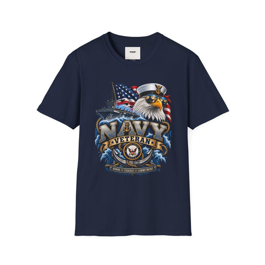 Navy Veteran Eagle T‑Shirt – Patriotic American Flag & Battleship Design