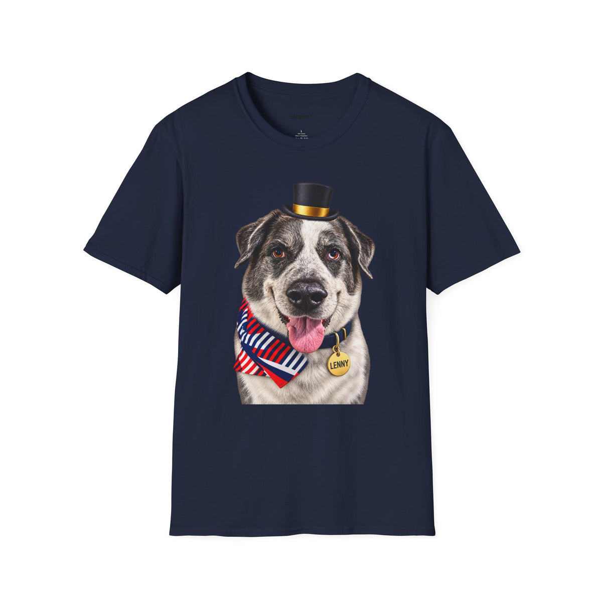 Patriotic Pup Tee — Dog with Top Hat & American Flag Bandana