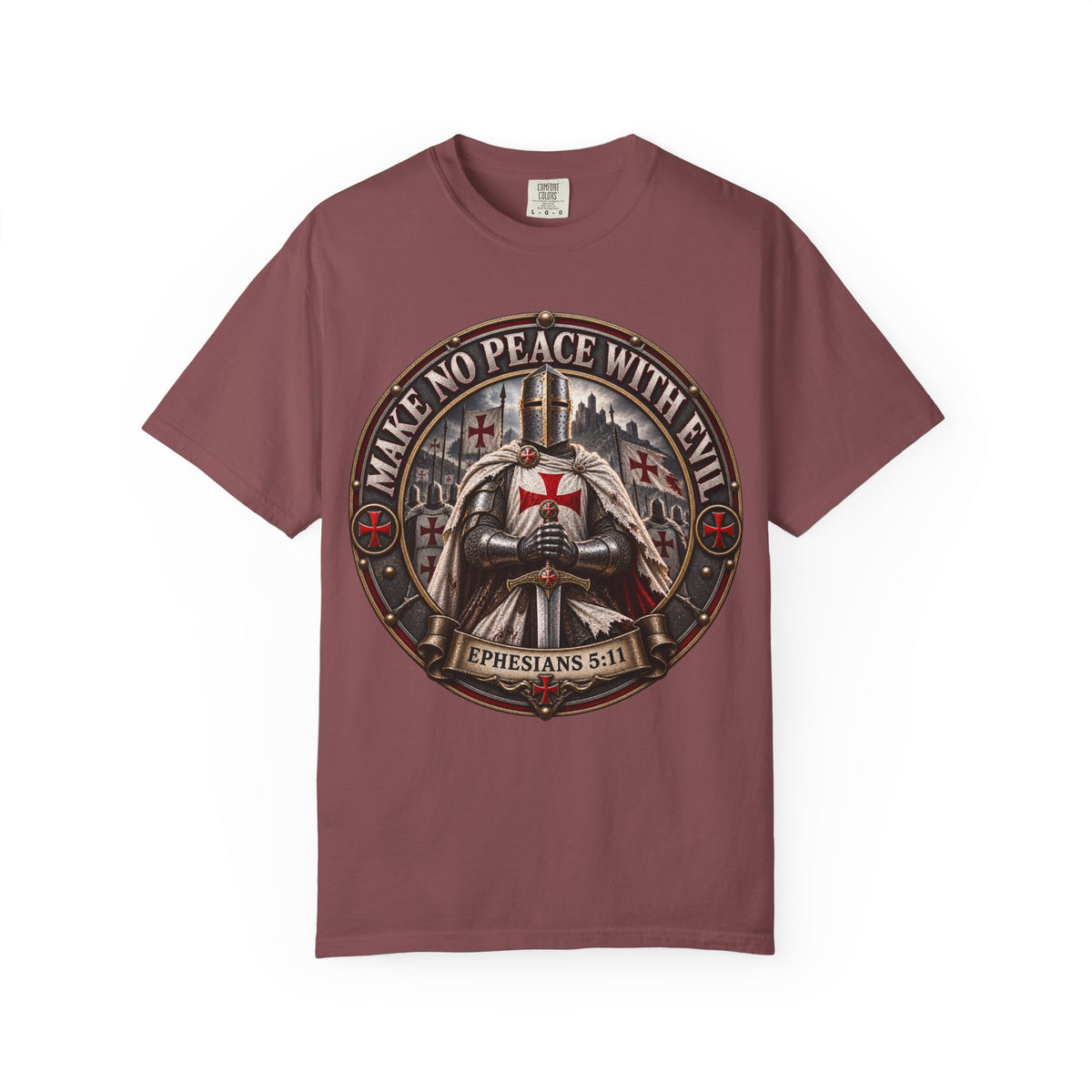 Make No Peace With Evil T-shirt | Crusader Helmet Ephesians 5:11