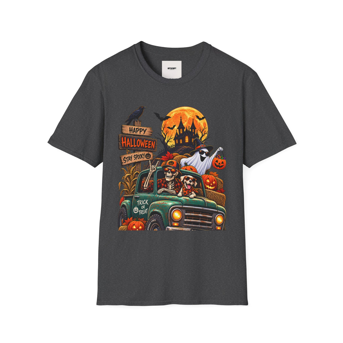 Halloween Truck T‑Shirt — "Happy Halloween, Stay Spooky" Cute Haunted Pumpkin Design