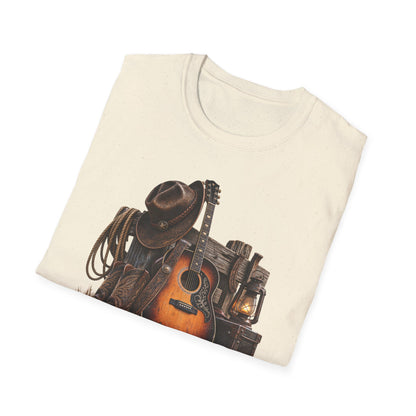 Country Music Guitar T-Shirt — Rustic Cowboy Hat & Lantern Graphic
