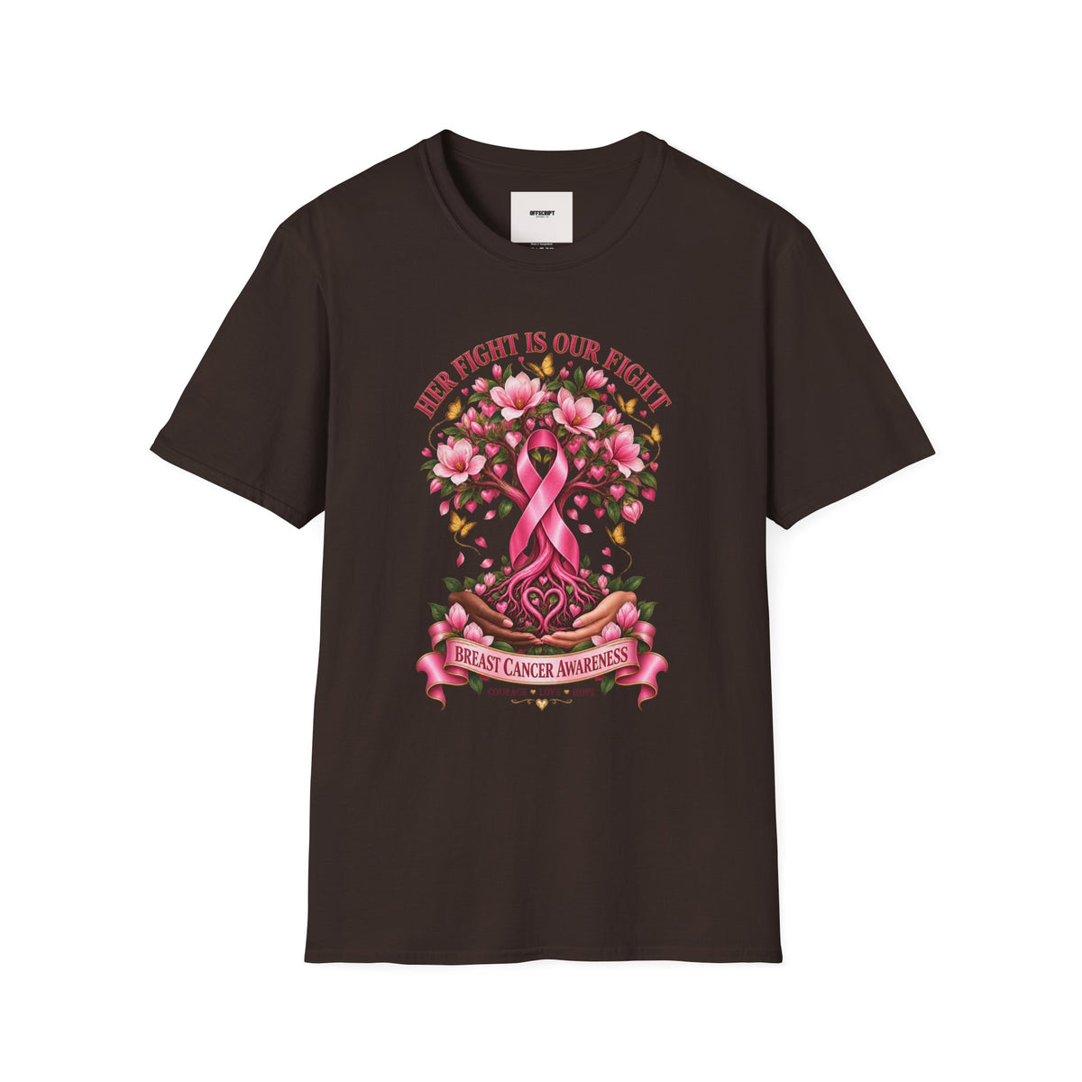 Breast Cancer Awareness T-Shirt – “Her Fight Is Our Fight” Pink Ribbon Floral Tee