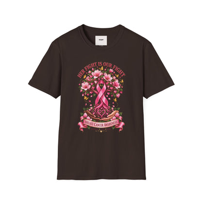 Breast Cancer Awareness T-Shirt – “Her Fight Is Our Fight” Pink Ribbon Floral Tee