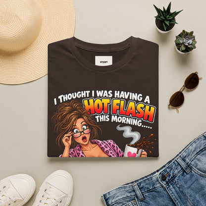 Hot Flash Coffee Tee — Funny Menopause T-Shirt (‘My Boobs Fell in the Coffee’)