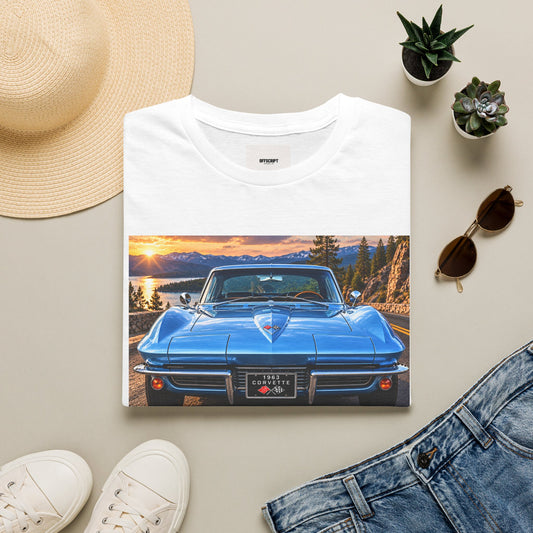 Vintage Blue Corvette T-Shirt — Classic Car Sunset Print