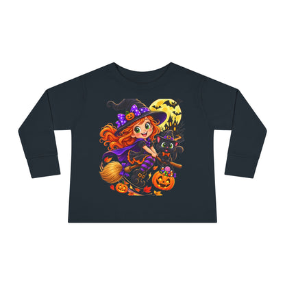 Toddler Halloween Witch Long Sleeve Tee — Cute Witch & Black Cat Pumpkin Design