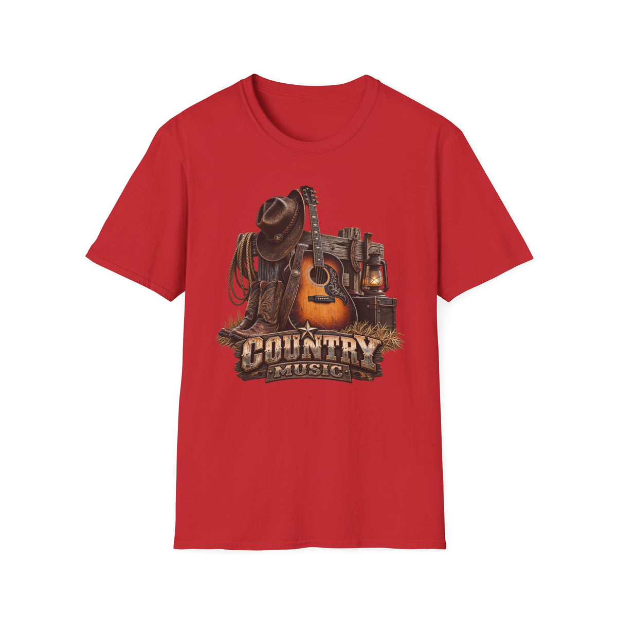 Country Music Guitar T-Shirt — Rustic Cowboy Hat & Lantern Graphic