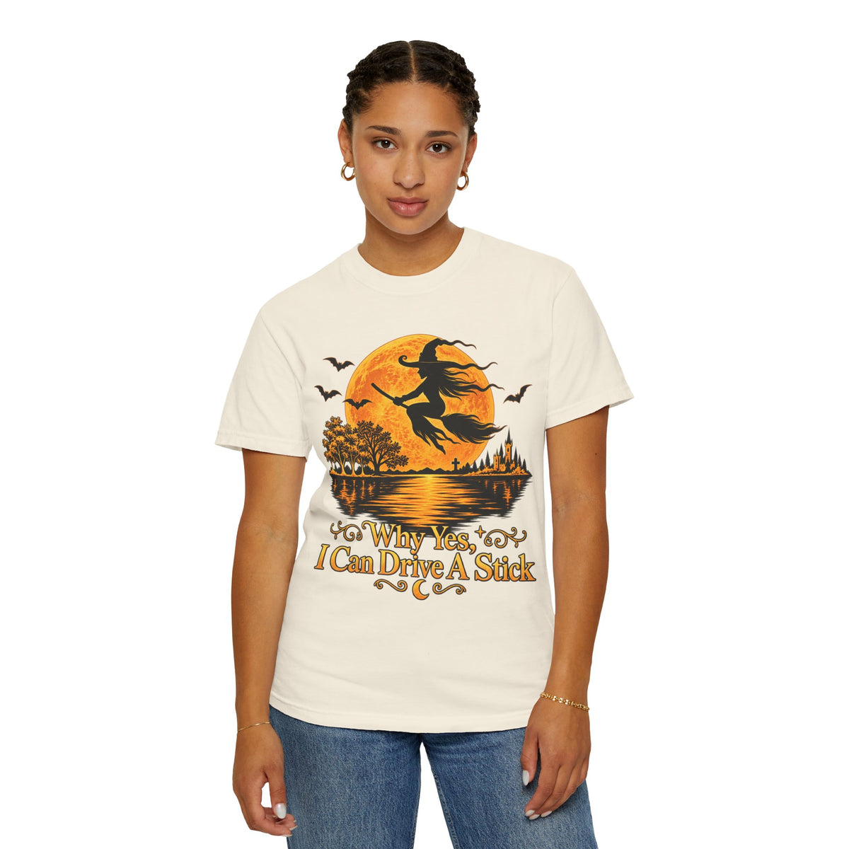 Witch Flying Over Moon T-Shirt – "Why Yes, I Can Drive A Stick" Halloween Tee