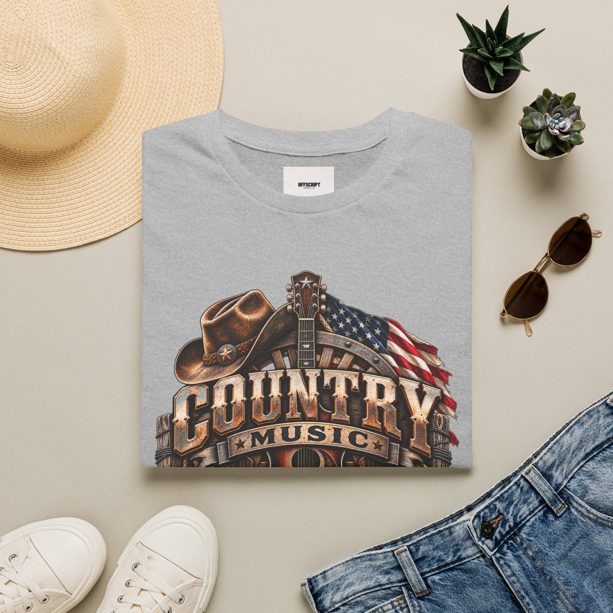 Country Music Graphic T‑Shirt — Western Guitar & Flag Design