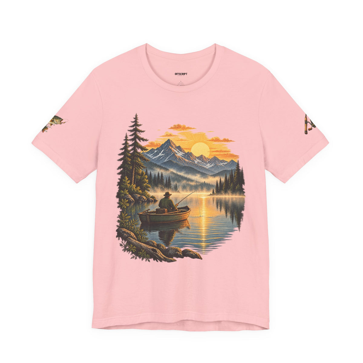 Sunset Lake Fishing T-Shirt — Mountain Boat Fishing Graphic Tee