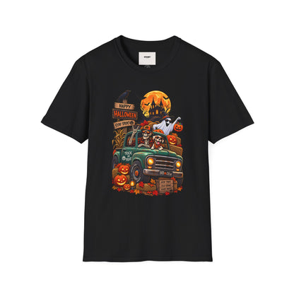 Halloween Truck Graphic T‑Shirt — Happy Halloween Ghosts & Pumpkins Design