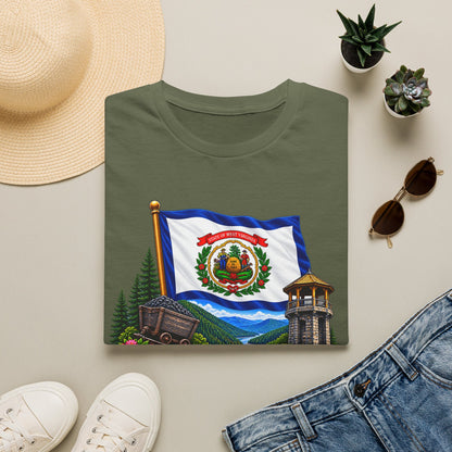 West Virginia Flag T-Shirt — State Pride Scenic Design ("Mountaineers Are Always Free")
