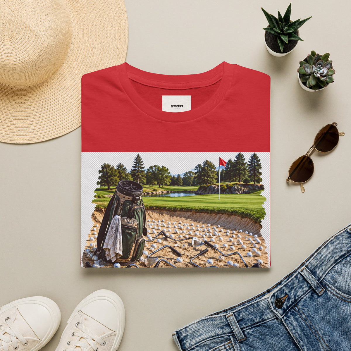 Golf Bunker Scene T-Shirt — "How Many People Live & Work In Dunes" Graphic Tee