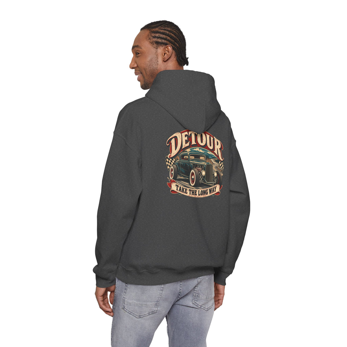 Detour Vintage Hot Rod Hoodie — "Take The Long Way" Classic Car Sweatshirt