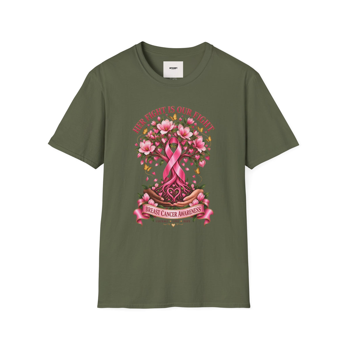Breast Cancer Awareness T-Shirt – “Her Fight Is Our Fight” Pink Ribbon Floral Tee