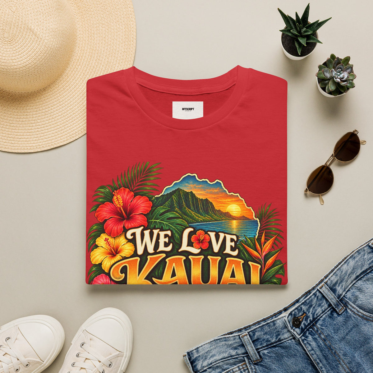 We Love Kauai T-Shirt — Hawaiian Island Sunset Floral Tee
