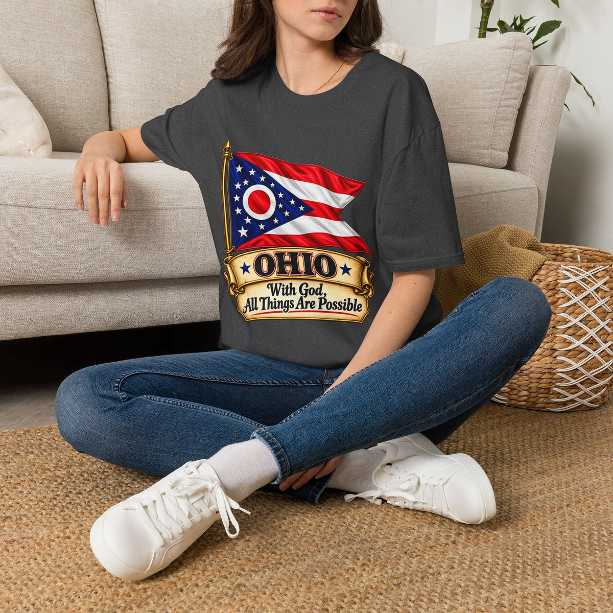 Ohio Flag T-Shirt — "With God All Things Are Possible" Patriotic Tee
