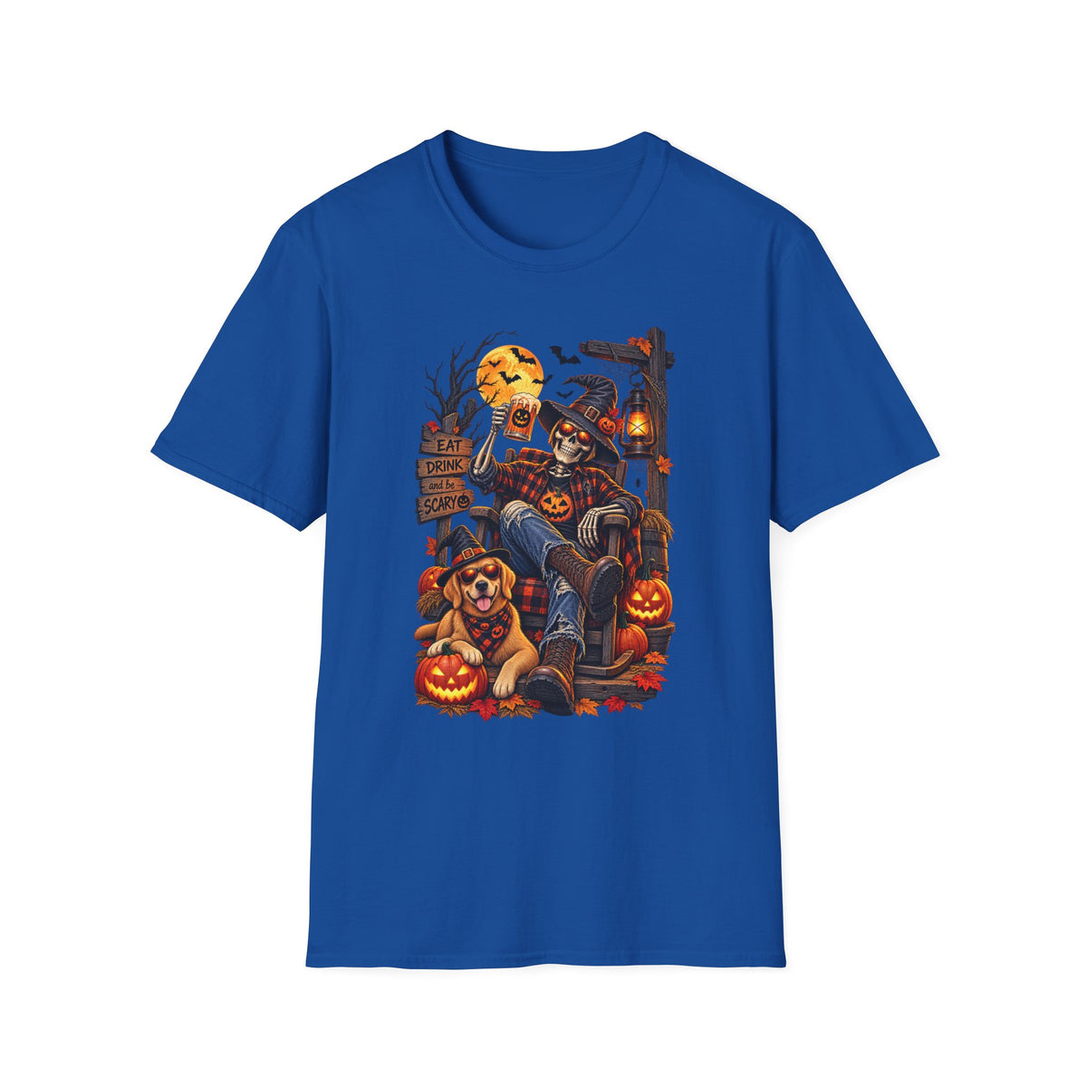Halloween Skeleton Scarecrow T-Shirt — 'Eat Drink & Be Scary' Pumpkin Dog Tee