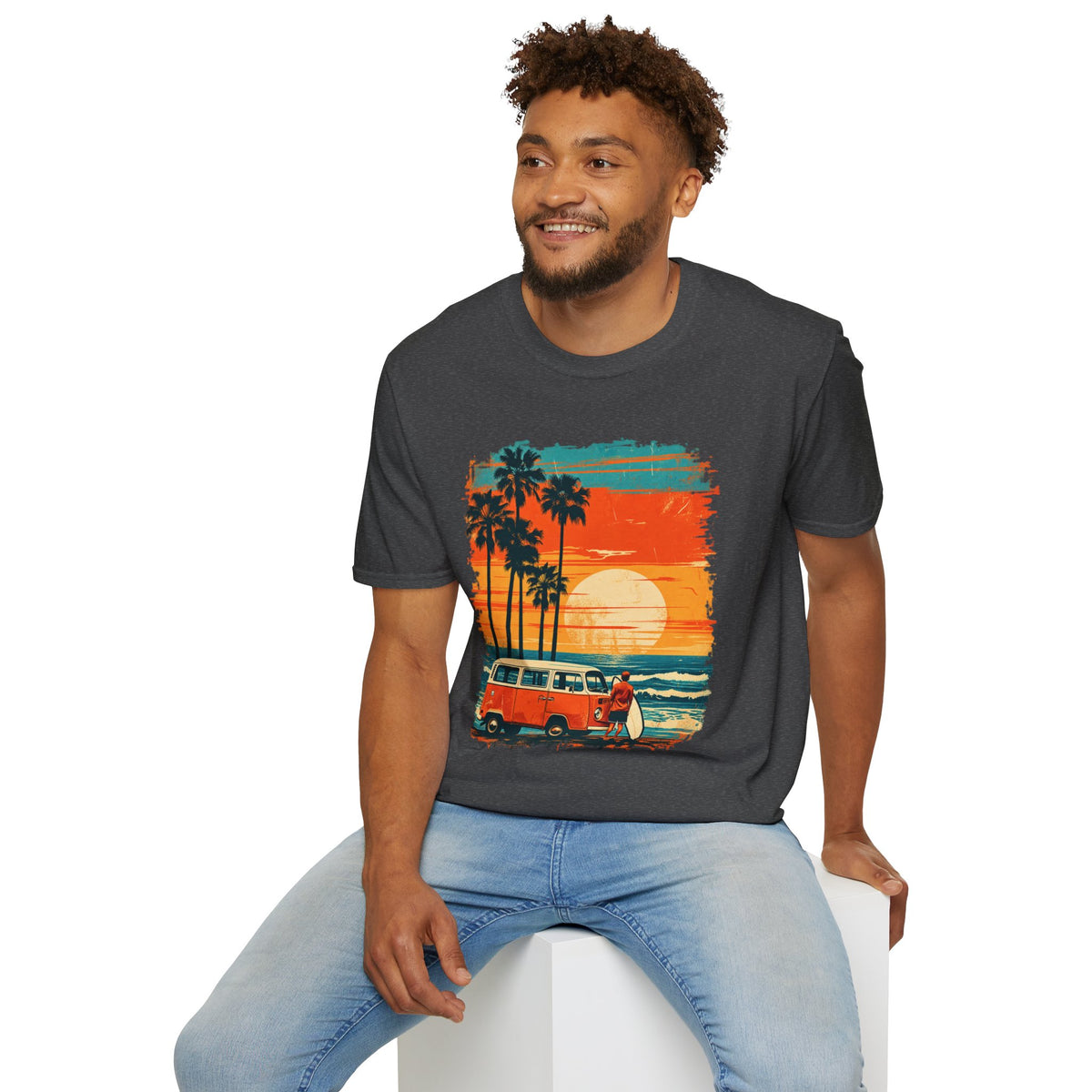 Retro Sunset Van T-Shirt – Tropical Beach Road Trip Graphic