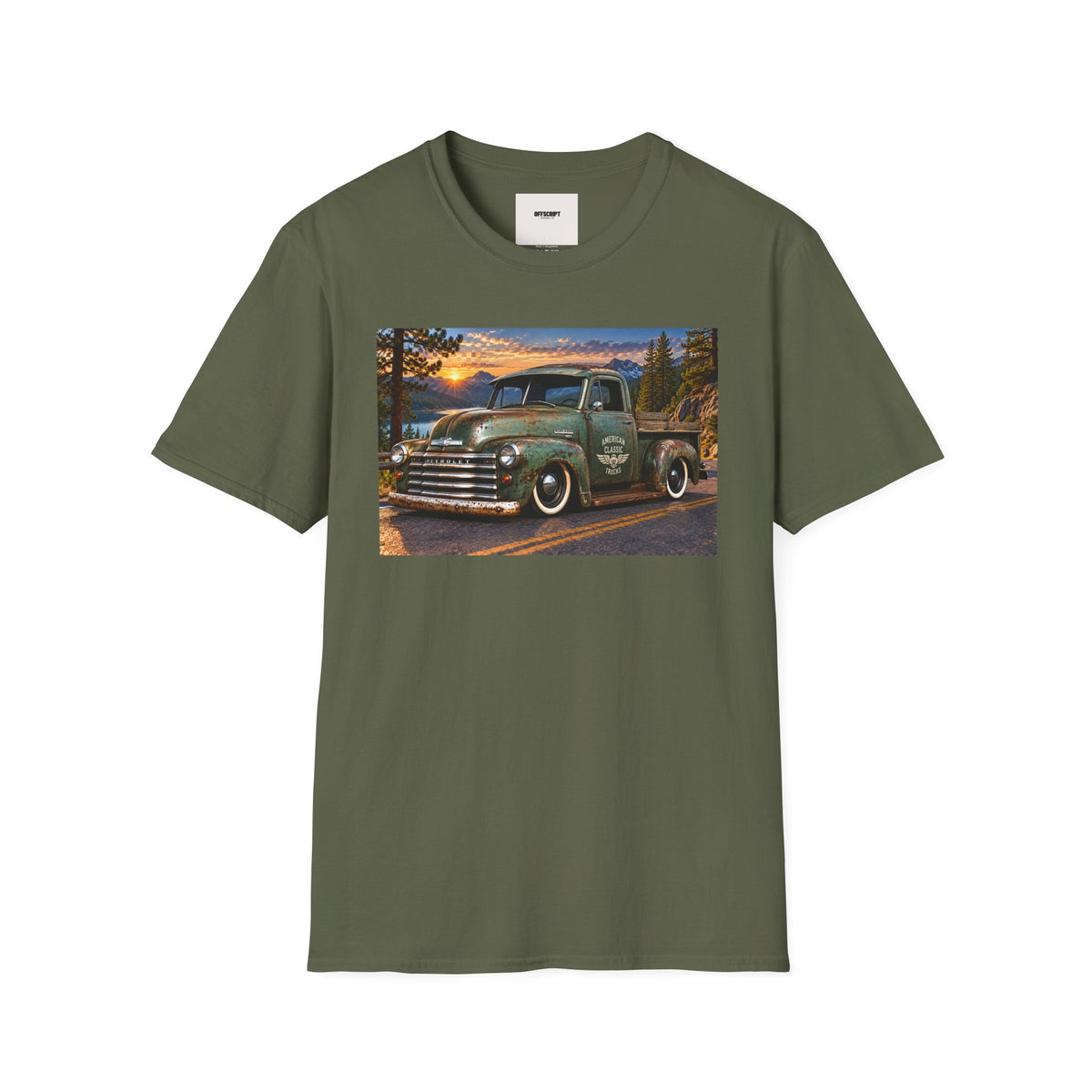 Vintage Green Pickup Truck T-Shirt — Retro Rustic Sunset Road Tee