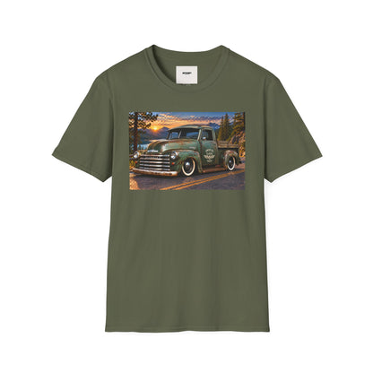 Vintage Green Pickup Truck T-Shirt — Retro Rustic Sunset Road Tee