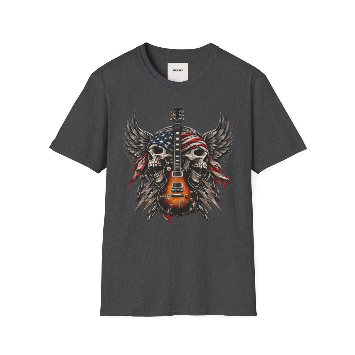 American Skull Guitar T-Shirt — Patriotic Rock Music Tee