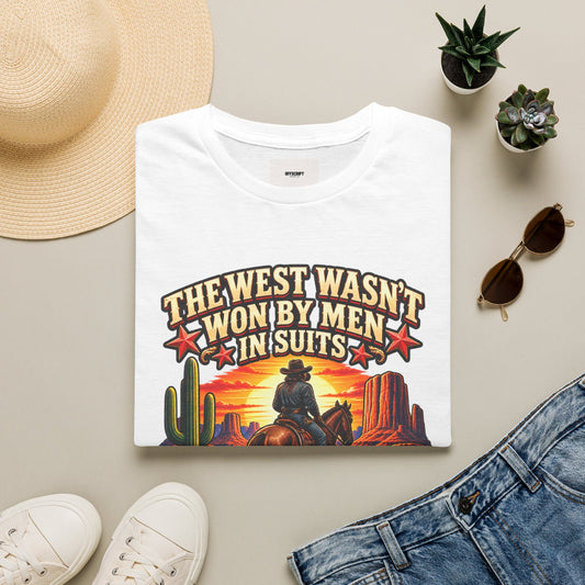 Western Graphic T-Shirt — “The West Wasn’t Won by Men in Suits” Cowboy Sunset Tee