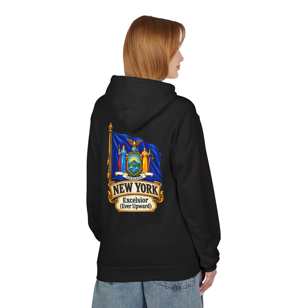 New York State Flag Hoodie – "Excelsior (Ever Upward)" Graphic Pullover