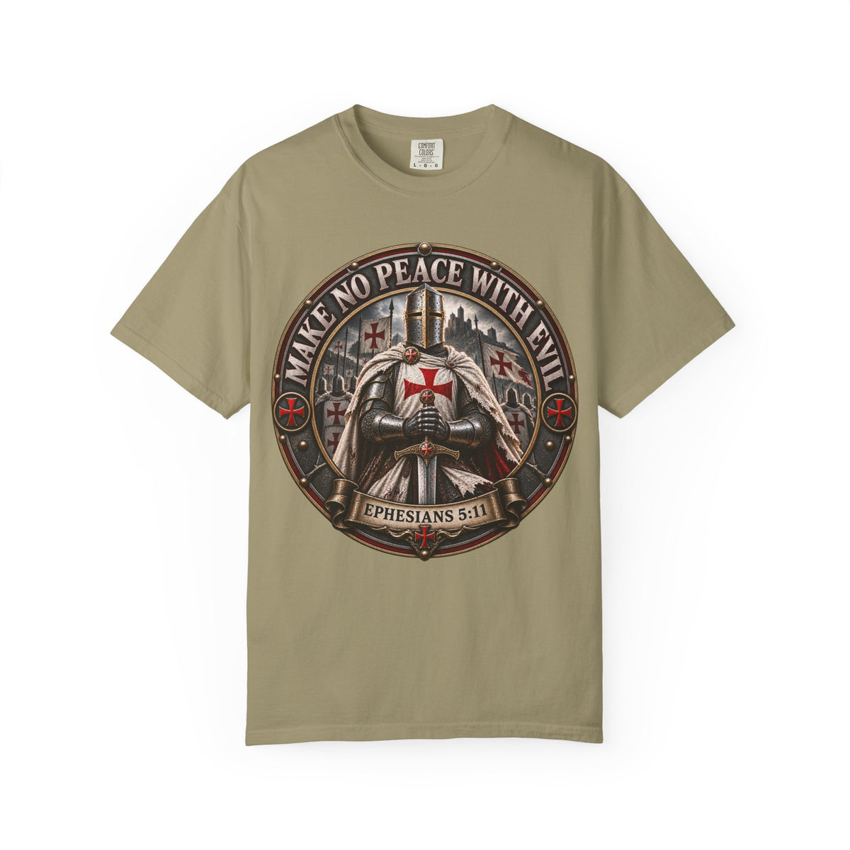 Make No Peace With Evil T-shirt | Crusader Helmet Ephesians 5:11