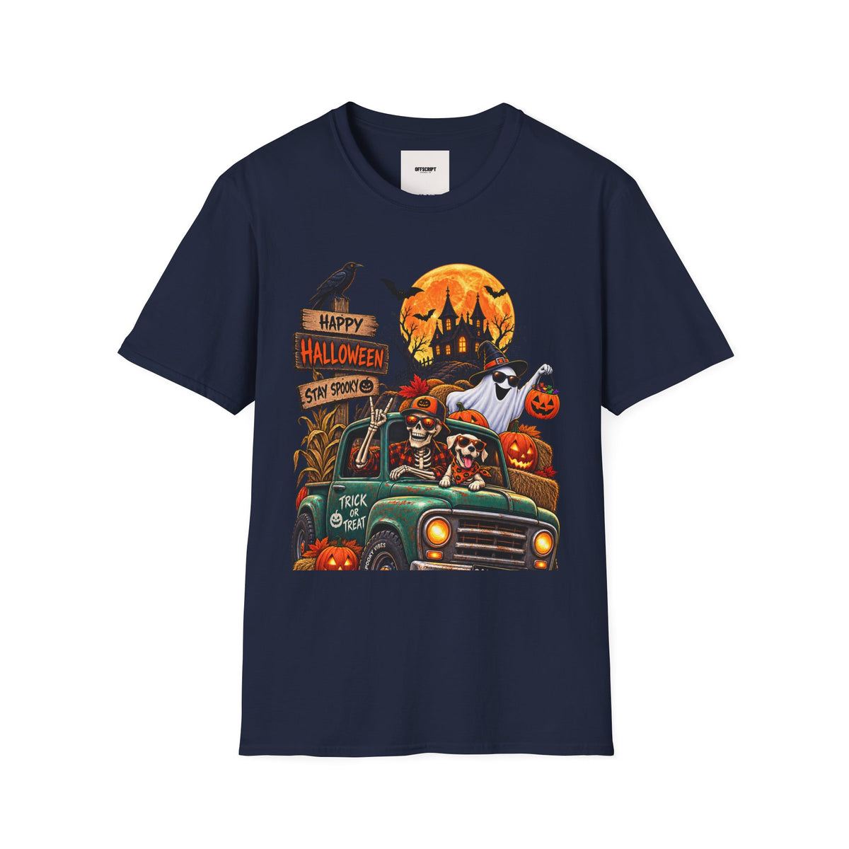 Halloween Truck T‑Shirt — "Happy Halloween, Stay Spooky" Cute Haunted Pumpkin Design