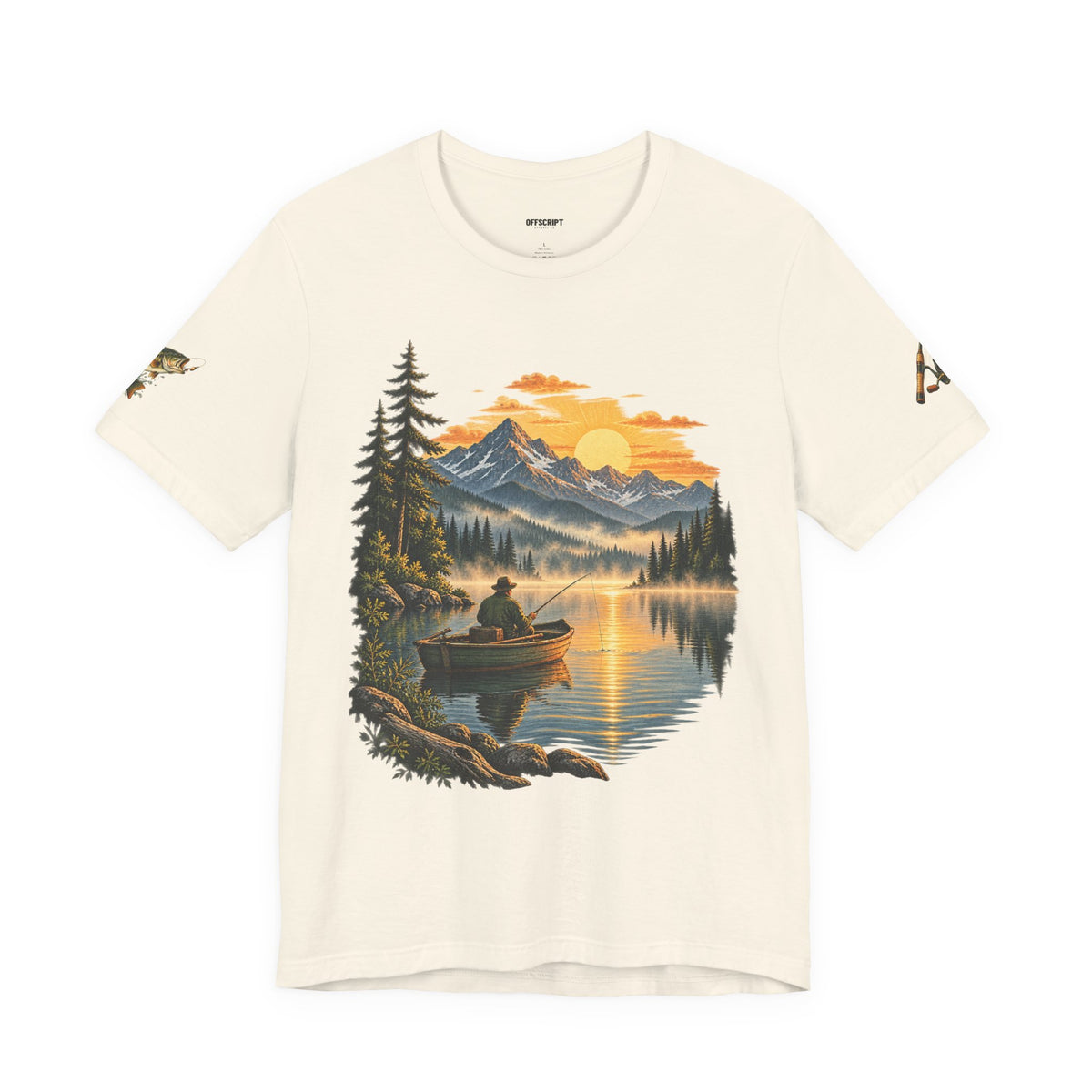 Sunset Lake Fishing T-Shirt — Mountain Boat Fishing Graphic Tee