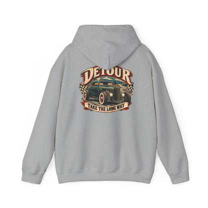 Detour Vintage Hot Rod Hoodie — "Take The Long Way" Classic Car Sweatshirt