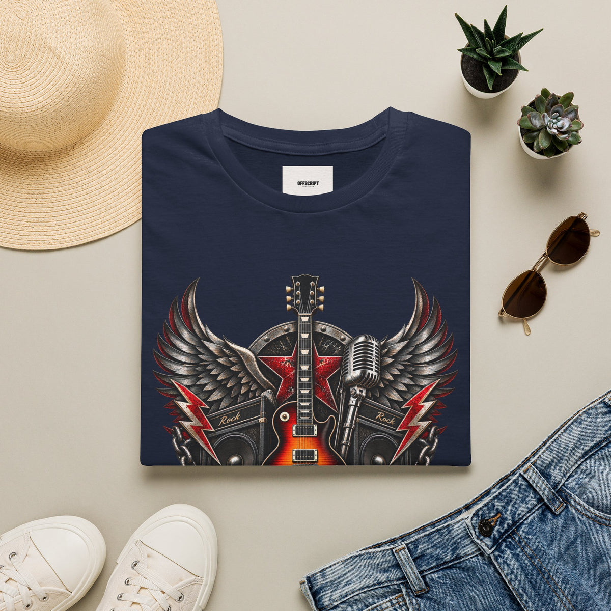 Rock 'n' Roll Guitar Tee — Vintage Winged Guitar & Microphone Design