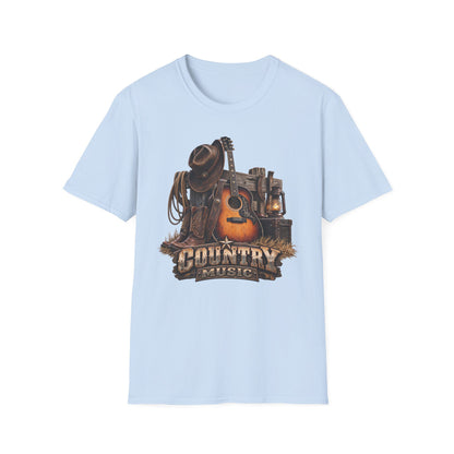 Country Music Guitar T-Shirt — Rustic Cowboy Hat & Lantern Graphic