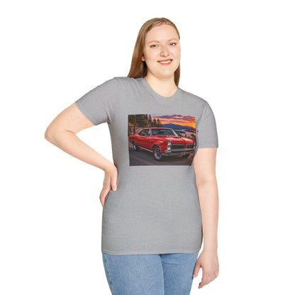 Classic Red Muscle Car T-Shirt — Vintage Pontiac Sunset Driving Tee