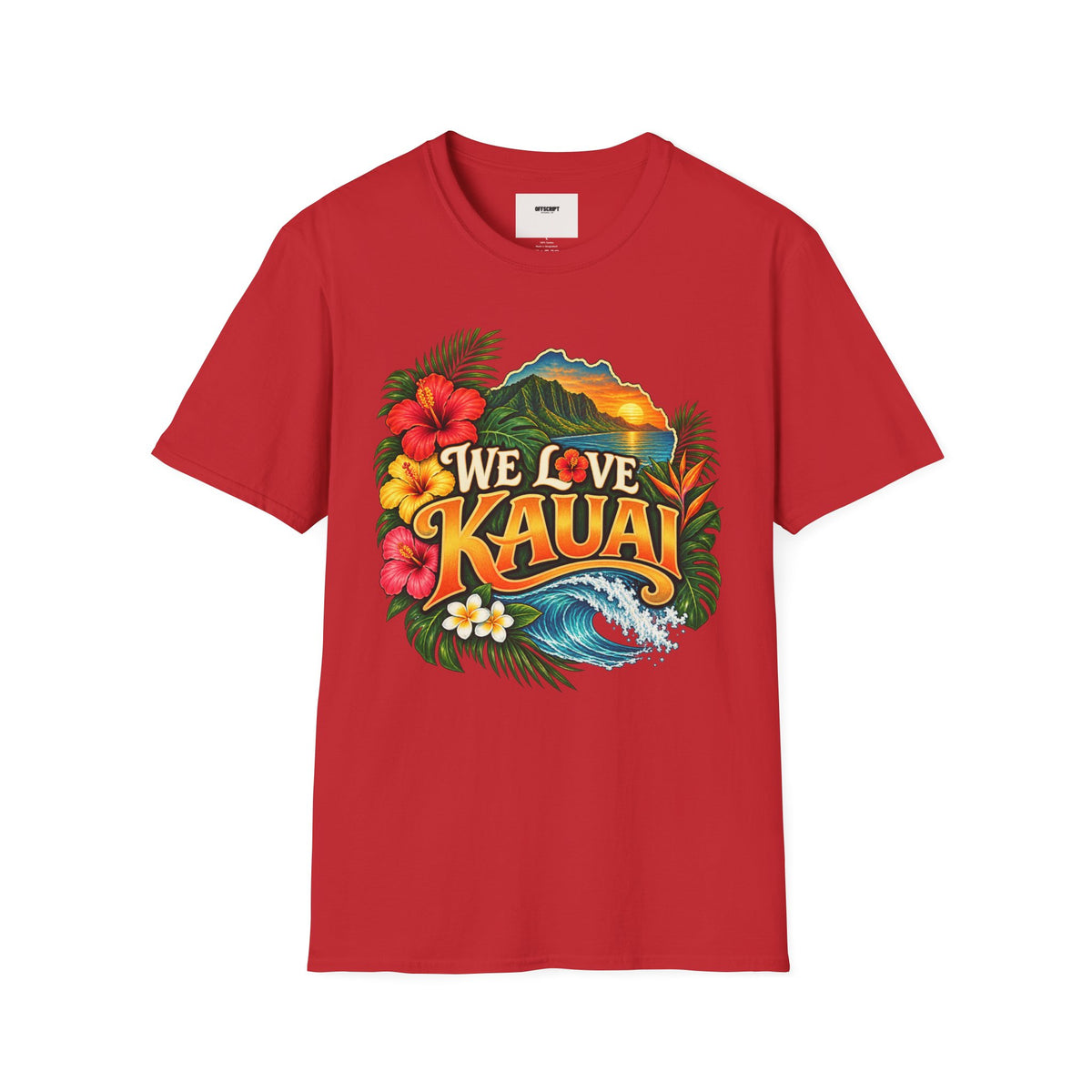 We Love Kauai T-Shirt — Hawaiian Island Sunset Floral Tee