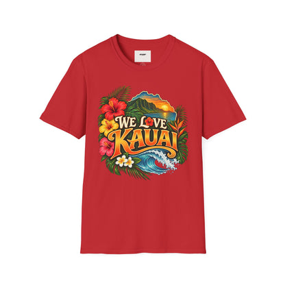 We Love Kauai T-Shirt — Hawaiian Island Sunset Floral Tee