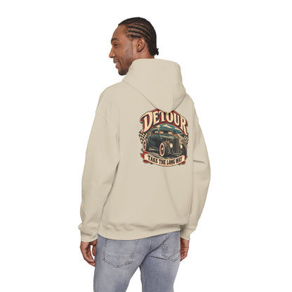 Detour Vintage Hot Rod Hoodie — "Take The Long Way" Classic Car Sweatshirt