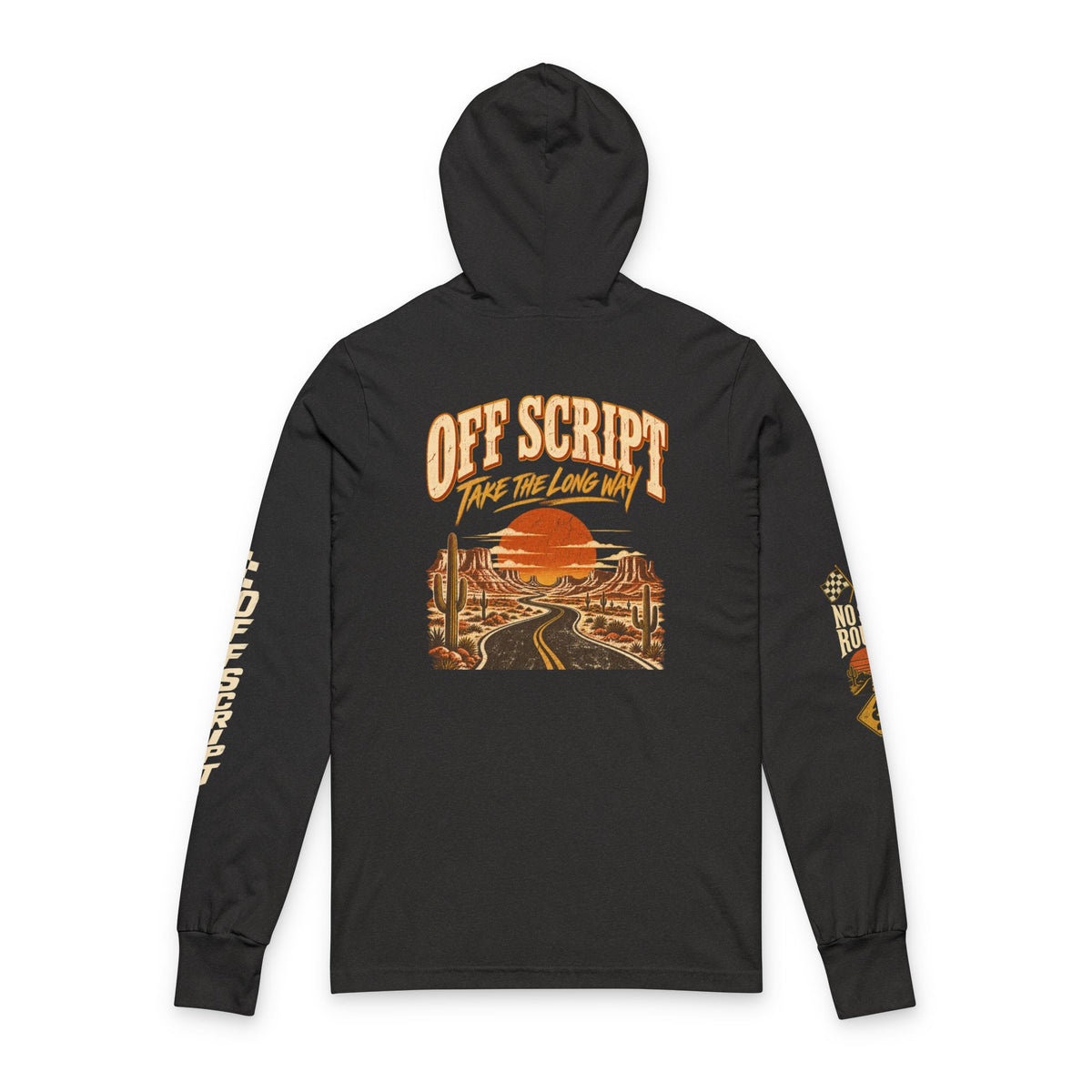 Long Sleeve Hoodie — 'Off Script' Desert Sunset Road Graphic