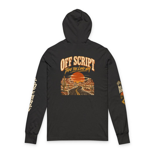 Long Sleeve Hoodie — 'Off Script' Desert Sunset Road Graphic