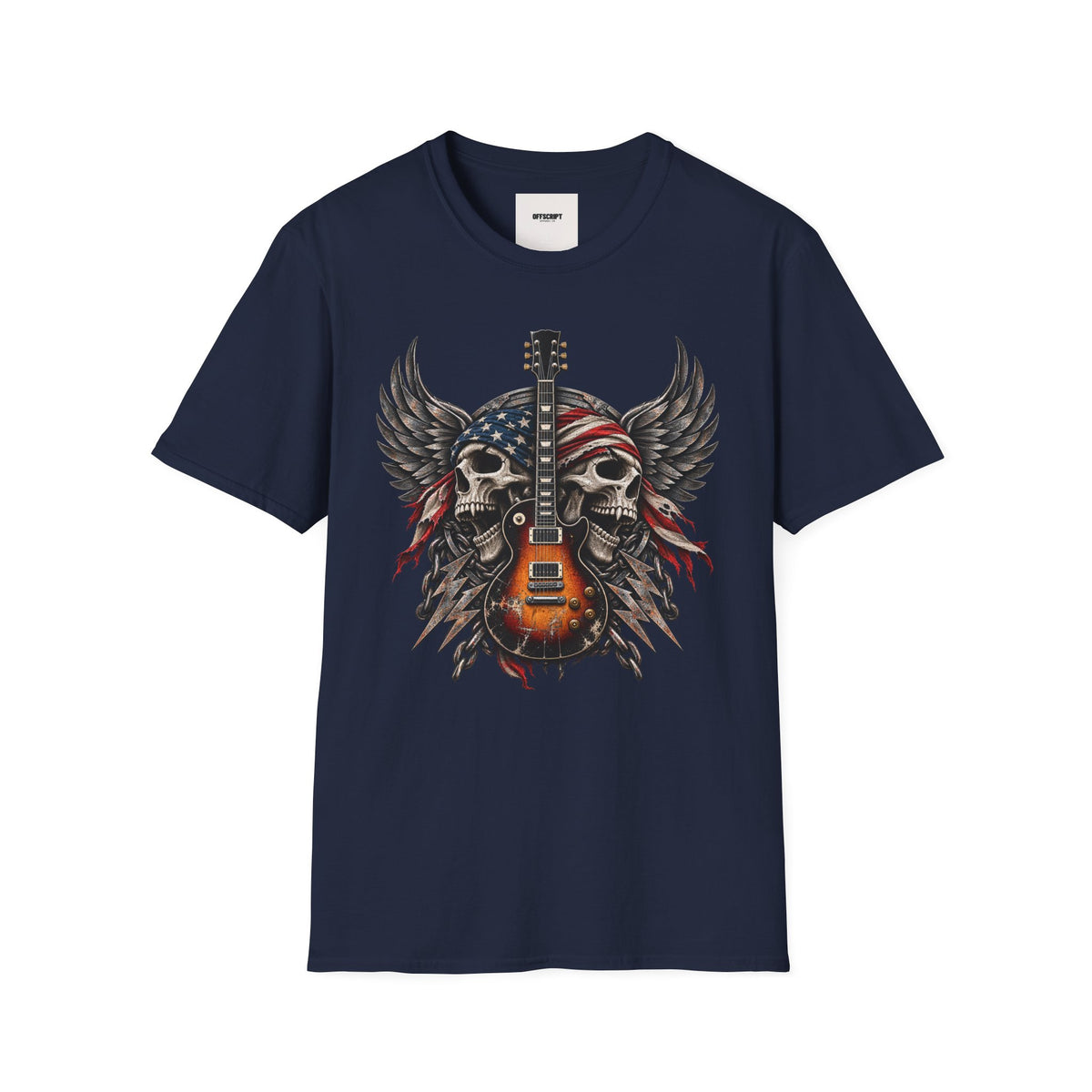 American Skull Guitar T-Shirt — Patriotic Rock Music Tee